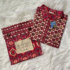 Free People NWT Red & Pink Patterned Pajama Shirt Happy Holibabe